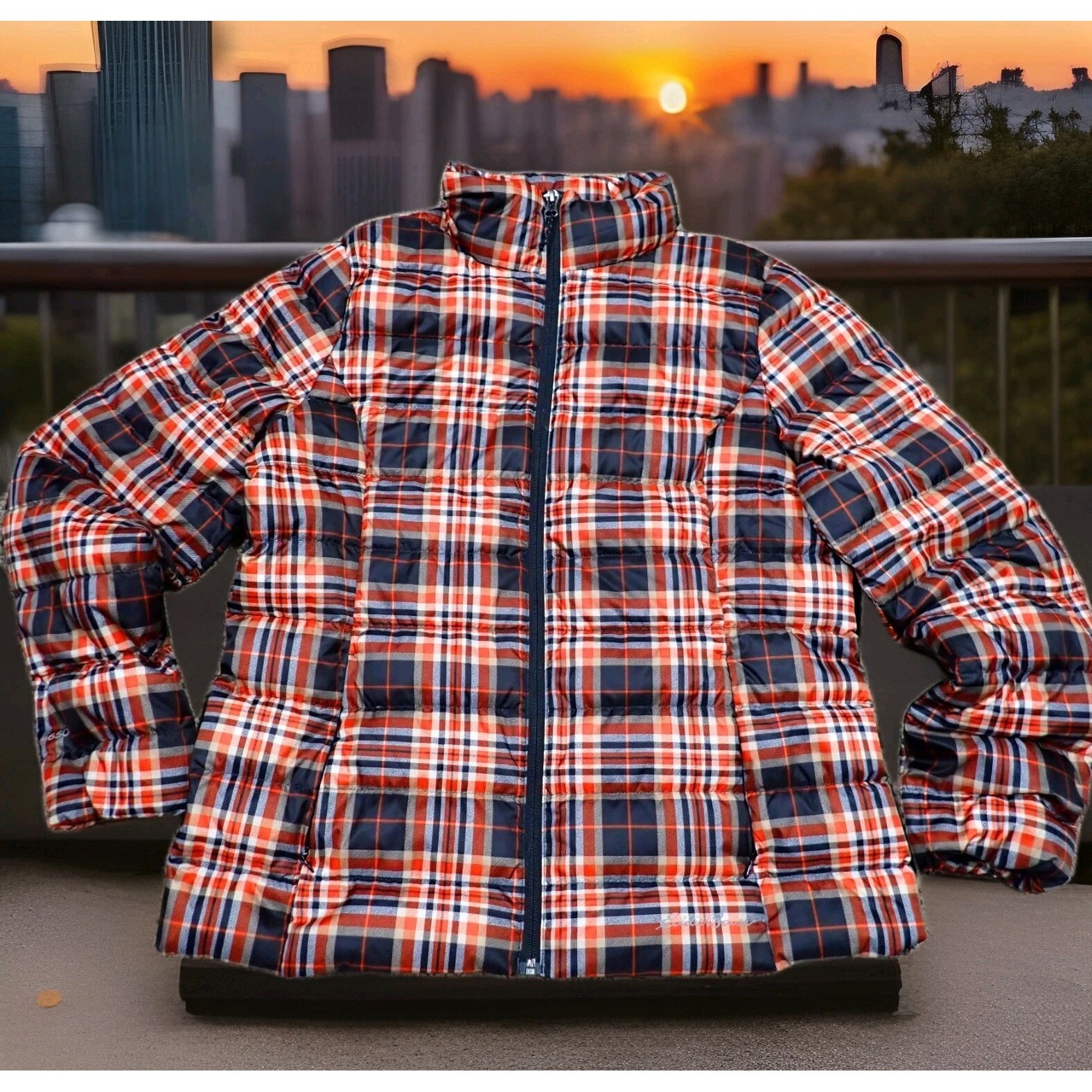 Eddie Bauer Puffer Jacket Womens M Orange Plaid Excellent Eb650 Down Quilted